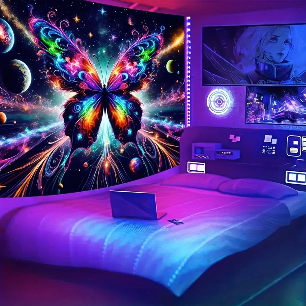 Colorful Butterfly Galaxy Huge Tapestry NWT backlight uv light makes it glow